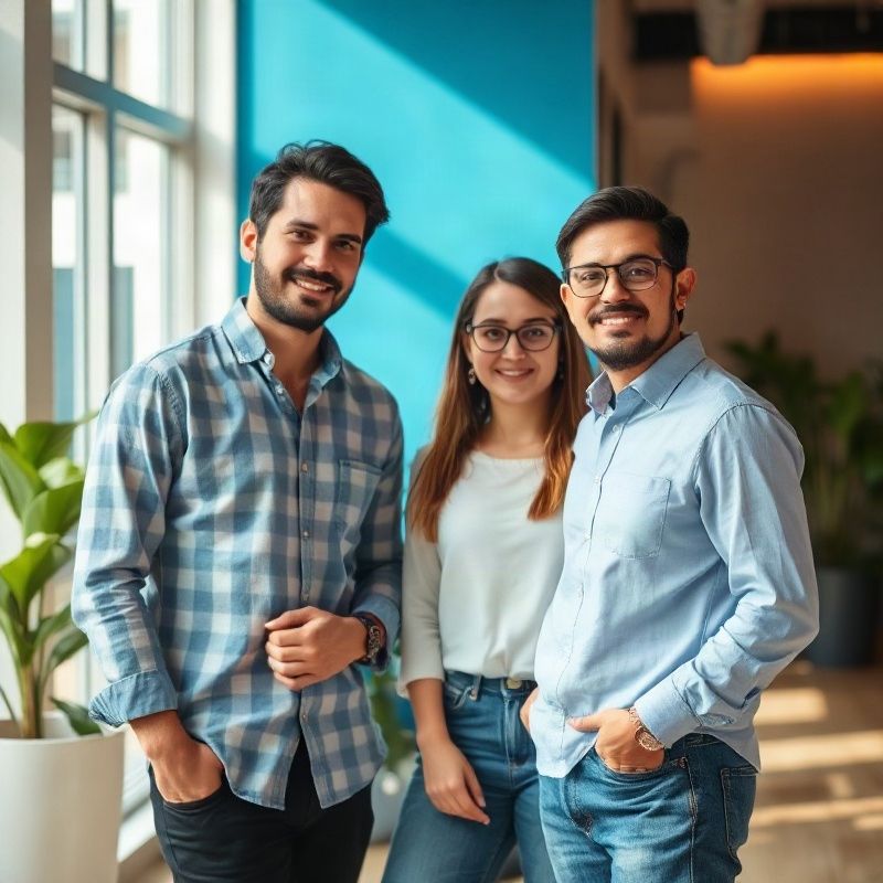 Equipa familiar da Pixelzstone em escritório iluminado com parede indigo em São Paulo