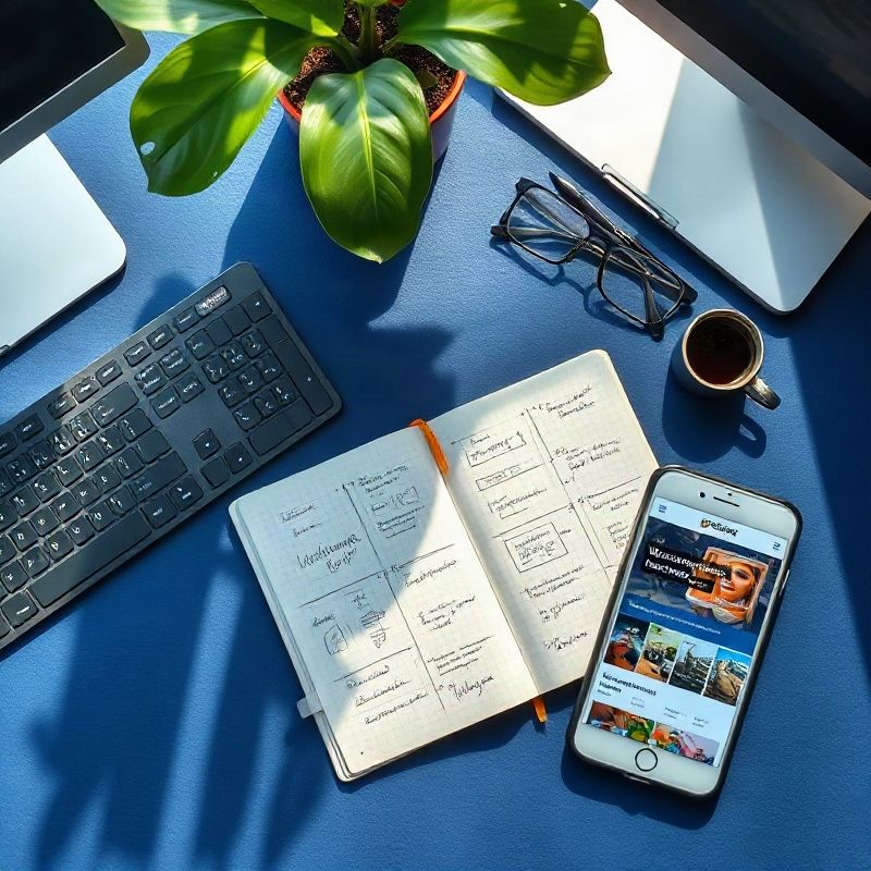 Mesa com teclado, caderno de rascunhos de wireframe e smartphone mostrando um site responsivo
